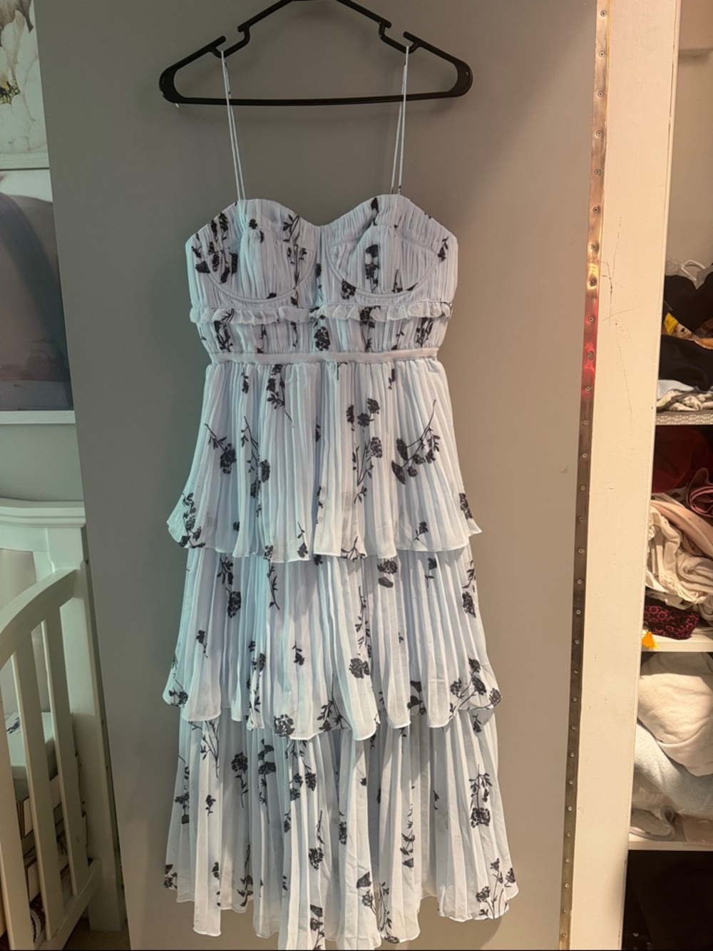 Self-Portrait Light Blue Floral Pleated Midi Dress